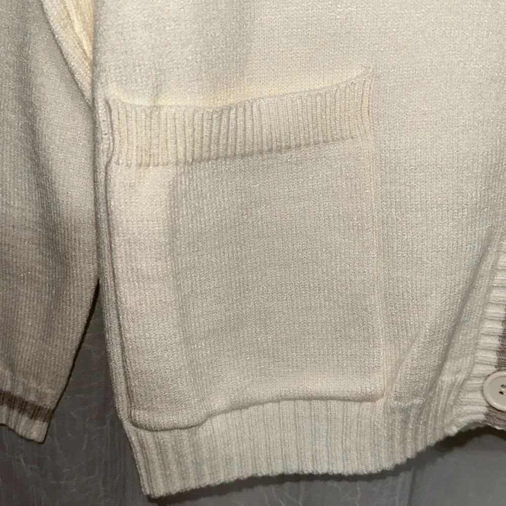 Pink Republic M Ivory Tan Stripe Trim Knit Button V-Neck Cardigan with Pockets - Picture 10 of 14